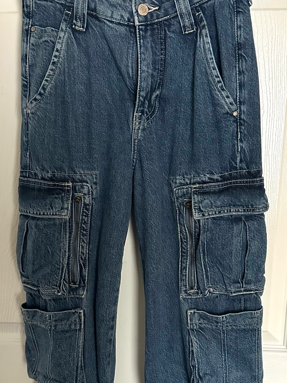 Guess Women’s Dark Blue Denim Cargo Pants with Multi Pockets